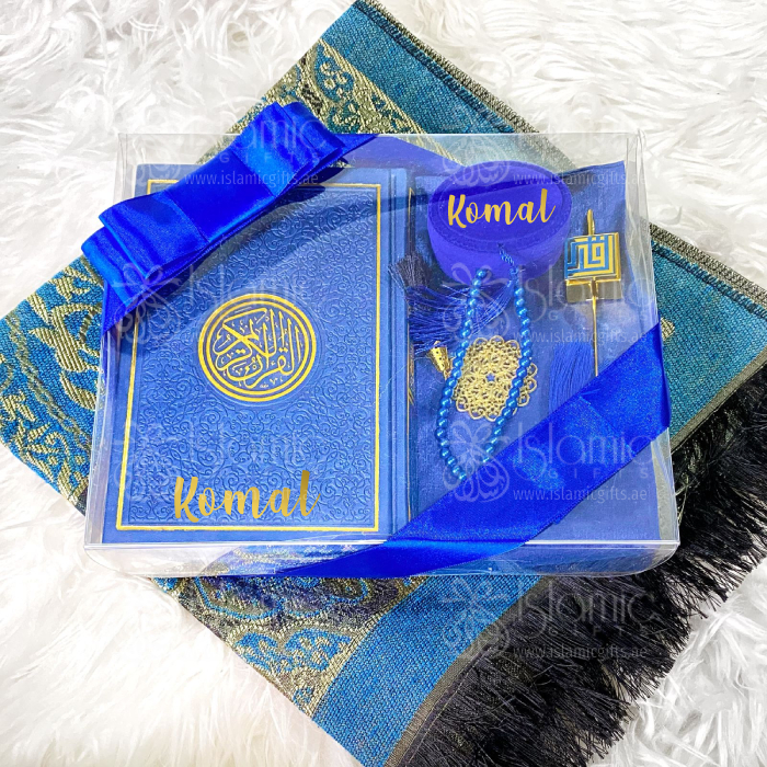 Personalized Islamic Gift Set with English translation Quran, Prayer rug, Tasbeeh, Pouch ,Bookmark
