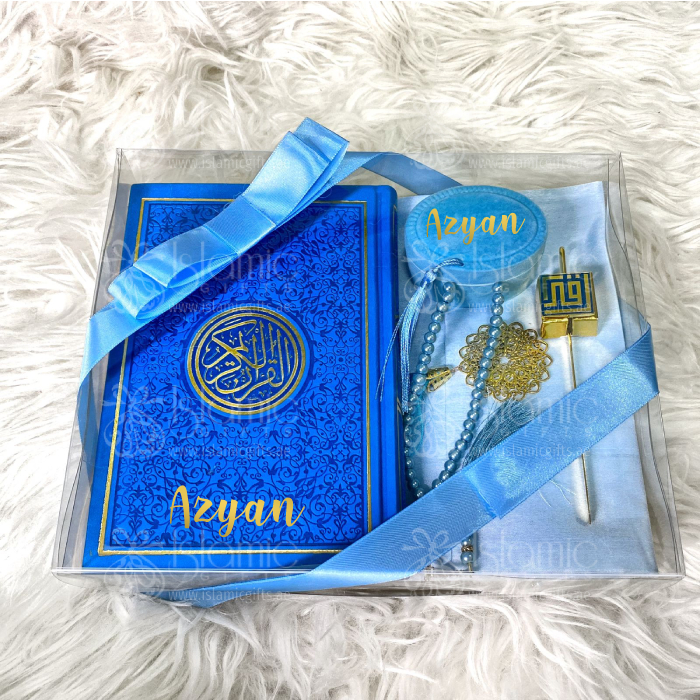 Personalized Islamic Gift Set with English translation Quran, Prayer rug, Pouch, Tasbeeh, Bookmark
