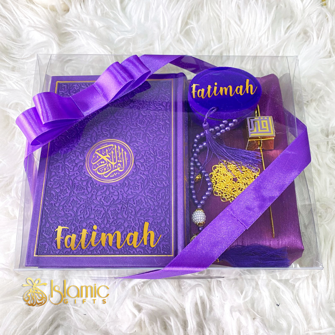 Personalized Islamic Gift Set with Quran, Prayer rug, Pouch, Tasbeeh, Bookmark