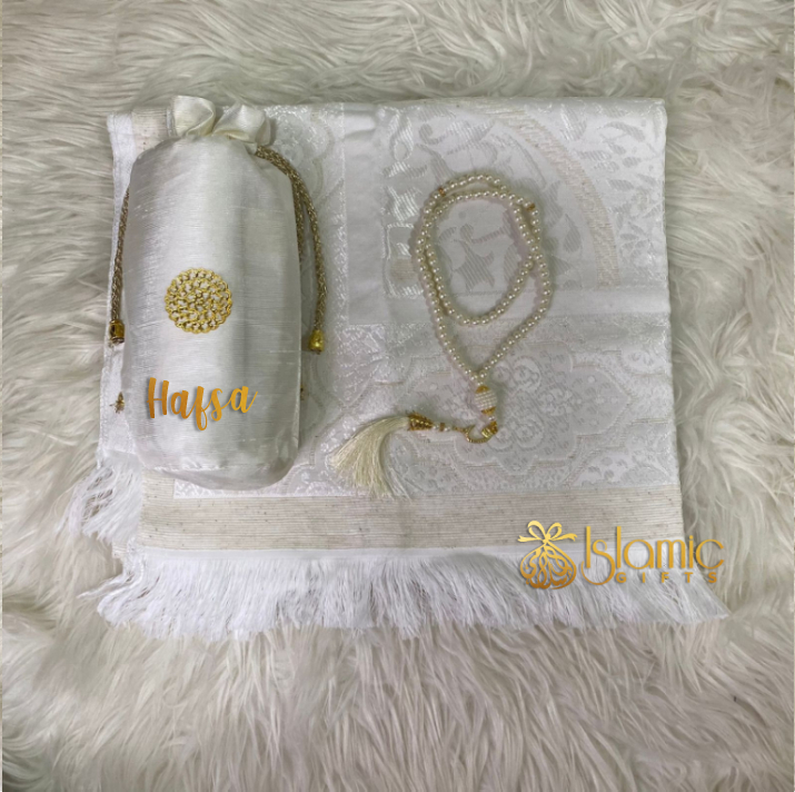 White Prayer Rug with Tasbeeh and Pouch - Image 2