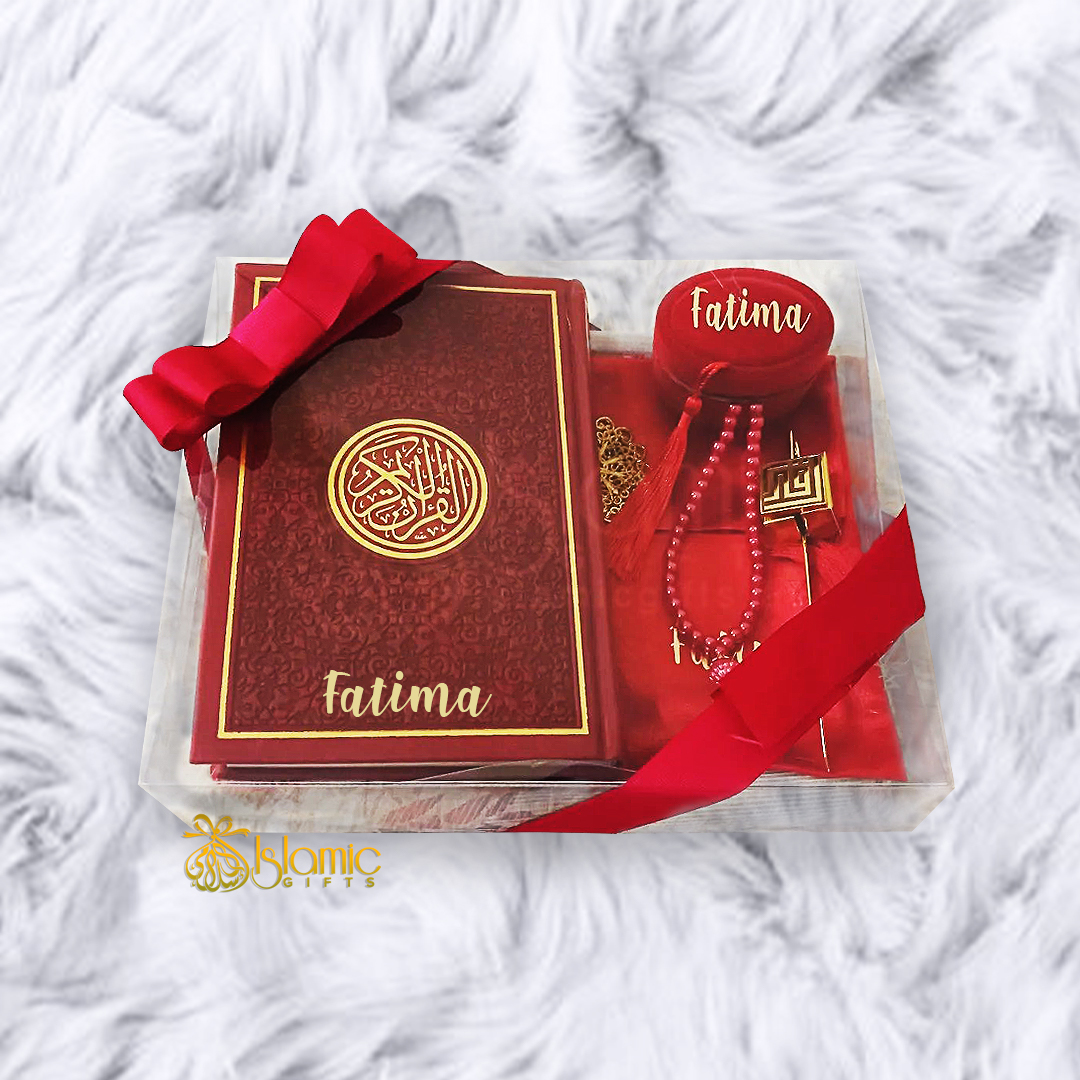 Premium Personalized Islamic Gift Set With English Translation Quran – Red