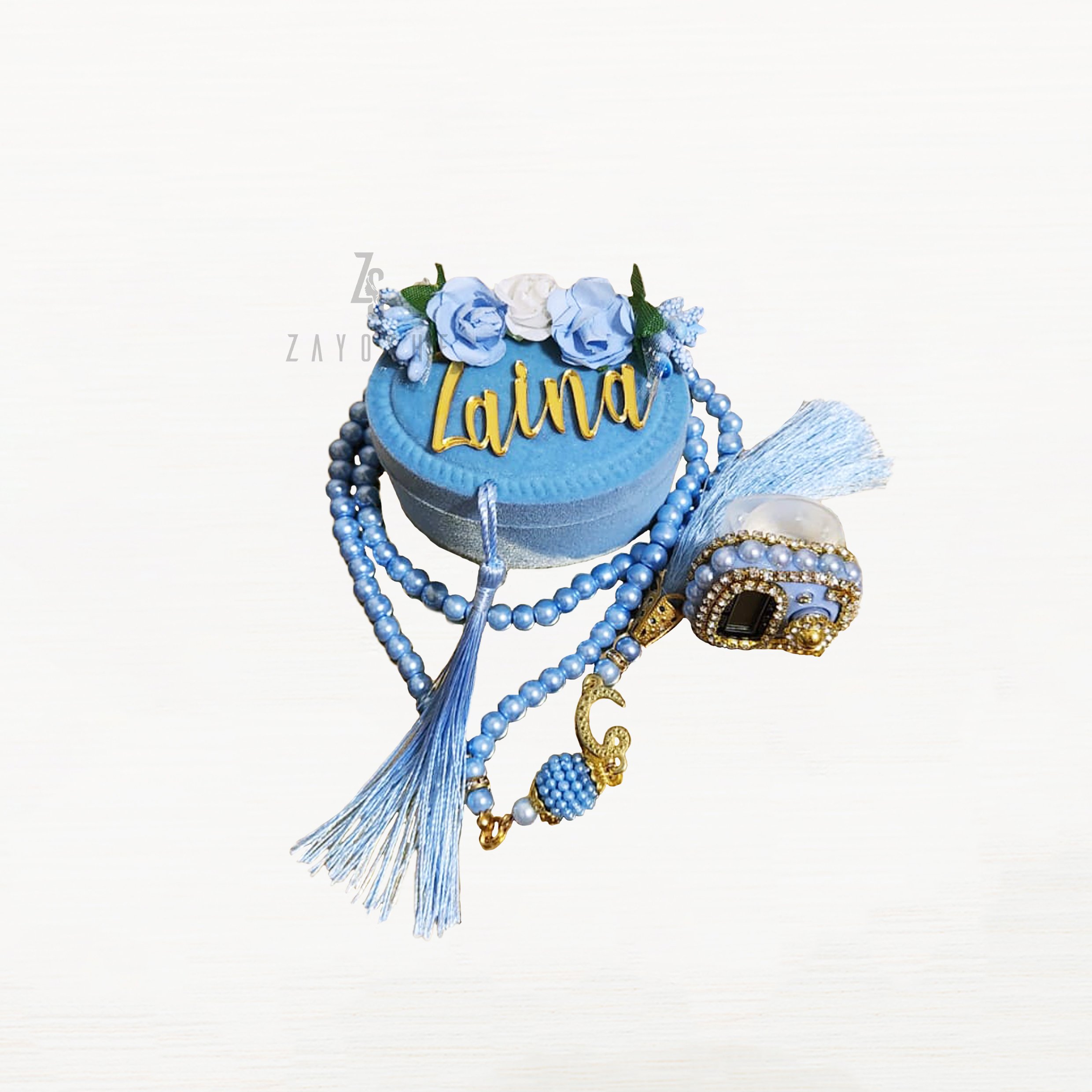 Personalized Floral Tasbeeh Box Set-Blue